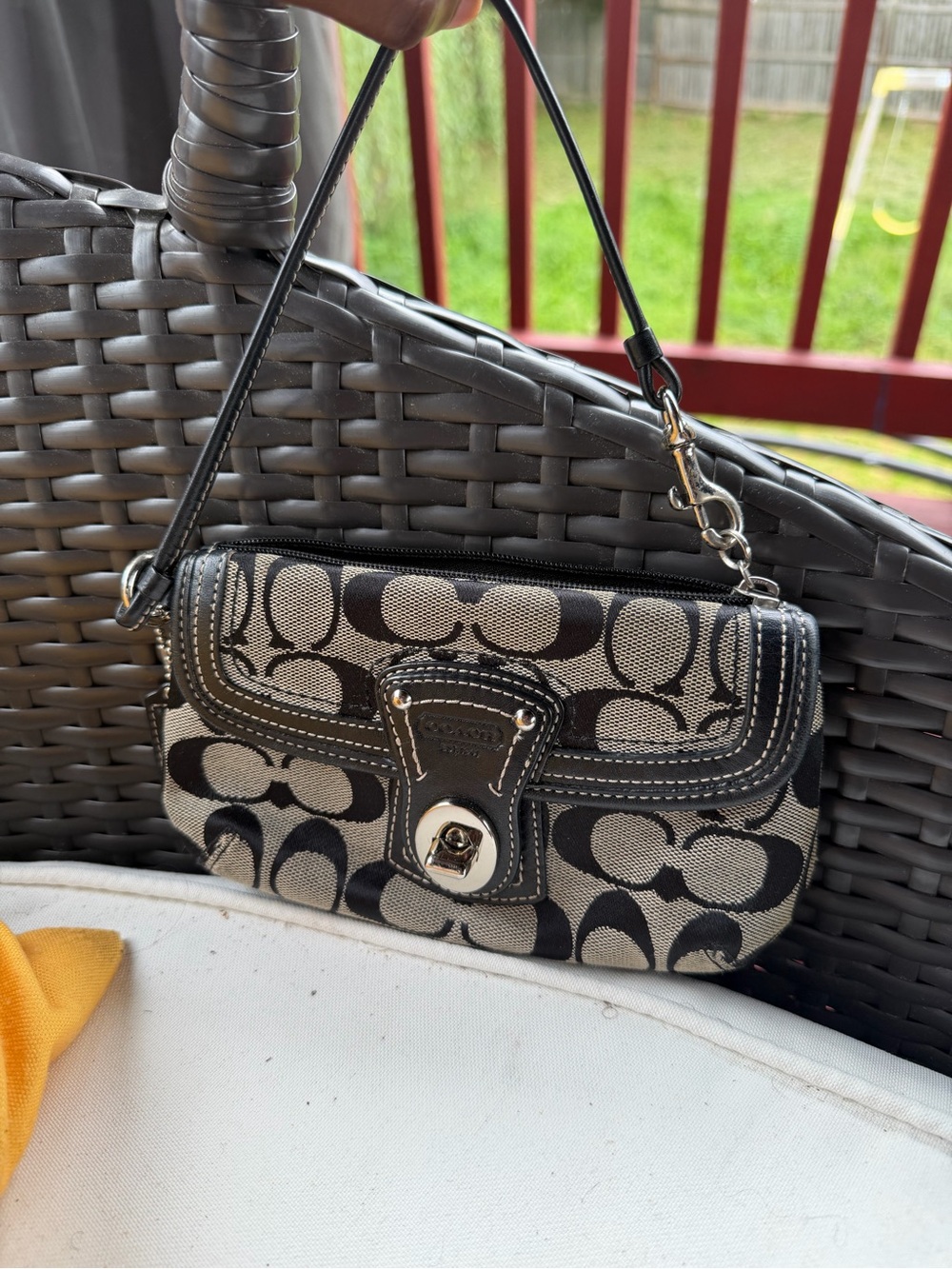 Coach Black and Beige Signature Canvas Mini Wristlet